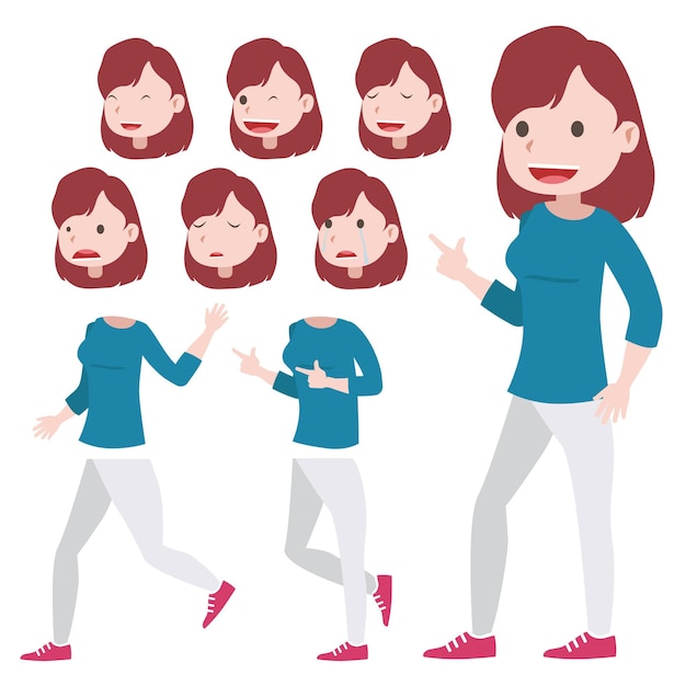 Female character set with different postures to make motion design