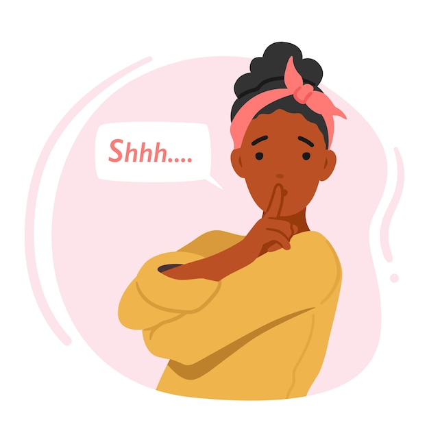 Vector female character showcasing the gesture of silence with a finger pressed against her mouth evoking the idea of silence