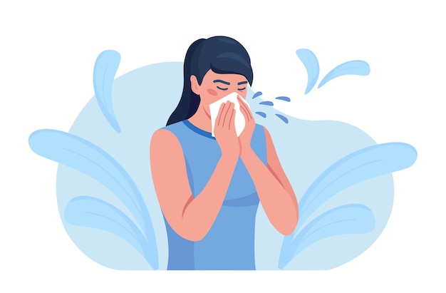 Вектор Женский персонаж чихает, кашляет тканями. профилактика вирусов, инфекций. больные женщины чихают носовым платком, чтобы микробы не вылетели изо рта. сезонная аллергия. защита от вируса