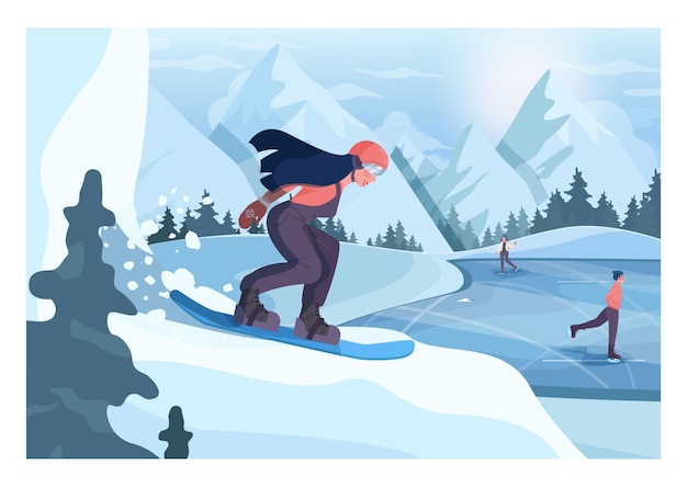 Personaggio femminile su snowboard, freeride. snowboarder che cavalca e salta