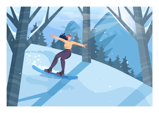 Vector female character on snowboard, freeriding. snowboarder riding