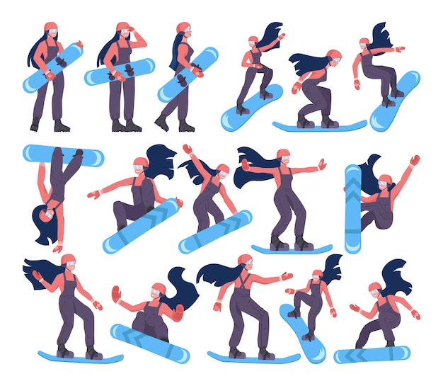 Vector female character on snowboard set. snowboarder riding and jumping