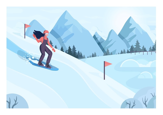 Female character on snowboard. snowboarder riding down a hill. ski resort track. woman snowboarding, winter extreme sport activities. flat vector illustration