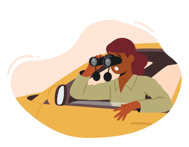 Female Character Spying Woman Detective Agent Investigator or Business Competitor Sitting in Car Look in Binoculars