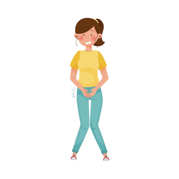 female character standing with symptom of diabetes such as frequent urination vector illustration