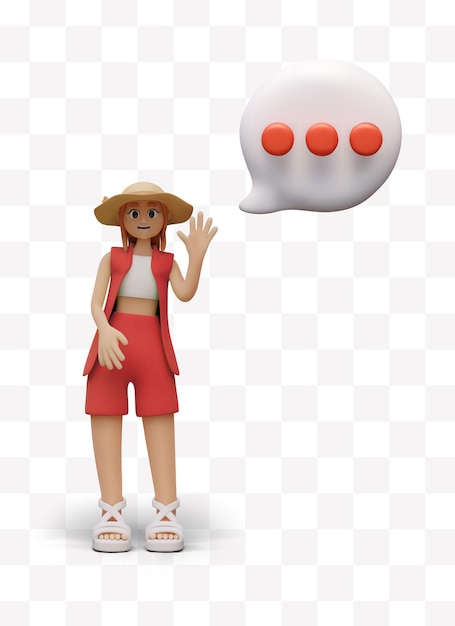 Female character in summer clothes comment bubble woman waves friendly hand