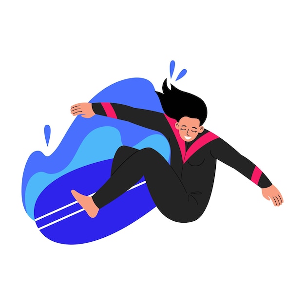 Vector female character surfing surfer standing on surfboard in wave