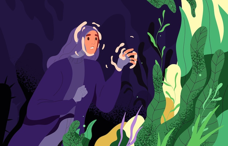 Vector female character trying to cope, get out of depression, choosing bright, positive life instead of lifeless, unhappy and joyless. concept of life improvement. vector illustration in flat cartoon style.
