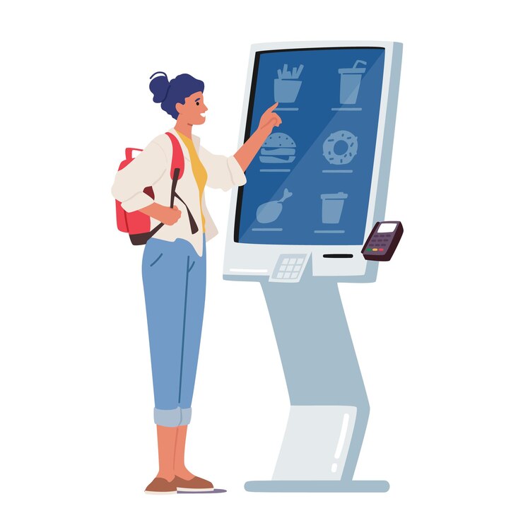 Vector female character use self ordering food service in restaurant