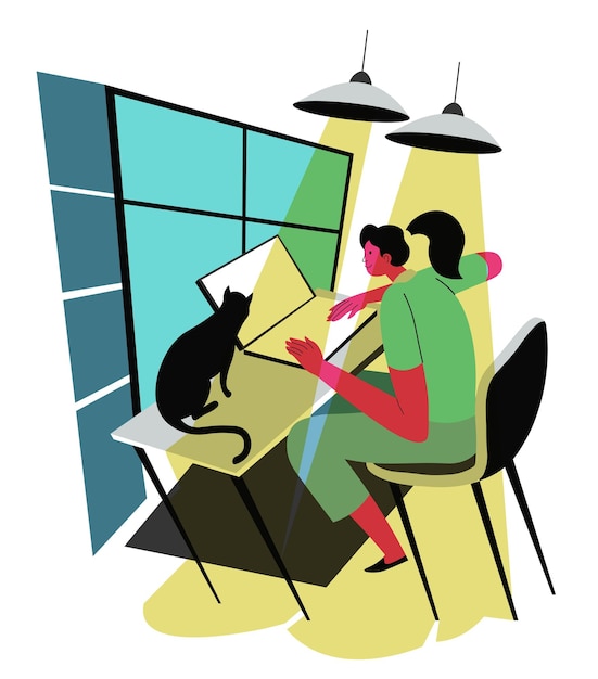 Vector female character using laptop to complete work project or task at job student studying online at home living space interior with cat pet sitting on table looking at screen vector in flat style