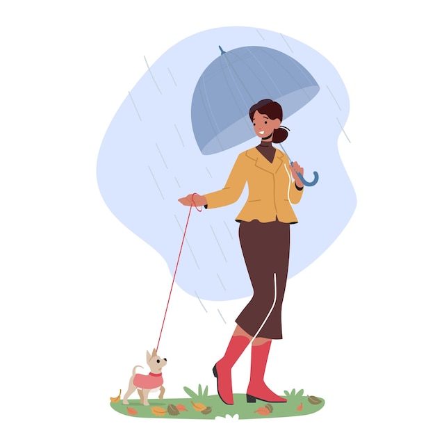 Female Character Walk with Dog in Public City Park at Rainy Autumn Weather Woman with Umbrella Spend Time with Pet