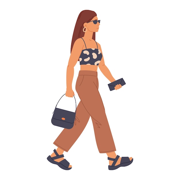 Female character walking pretty girl walk alone young woman going shopping cafe or walking flat vector illustration cartoon woman on walk
