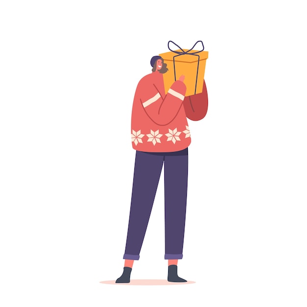 흰색 배경에 고립 된 손에 선물 상자와 함께 여성 캐릭터 착용 크리스마스 스웨터 현재와 전체 높이 여자