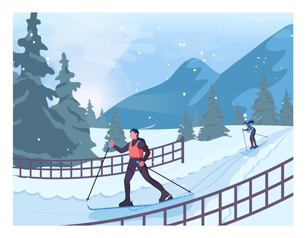 Vector female character wearing an outerwear skiing woman sliding down