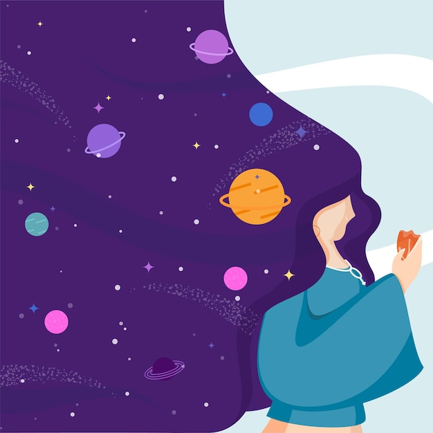 Vector female character with flowing hair and outer space or dream universe background
