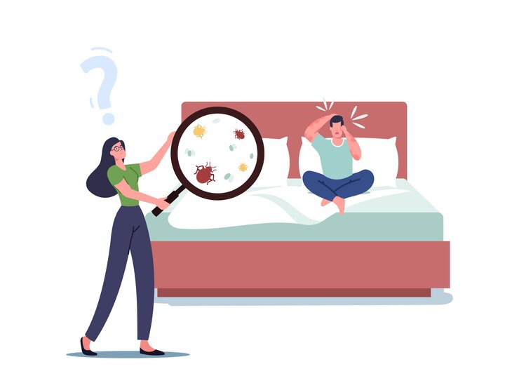 Vector female character with huge magnifier looking on bed bugs living in linen. man with red spots on skin sitting on bed