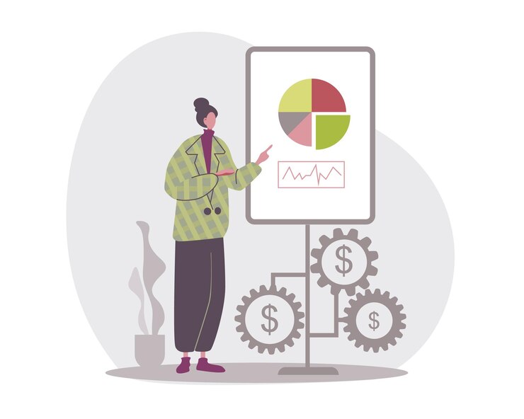 Vector female character with pie chart on board graphs of financial movements concern for profit growth successful investment color vector illustration in flat style