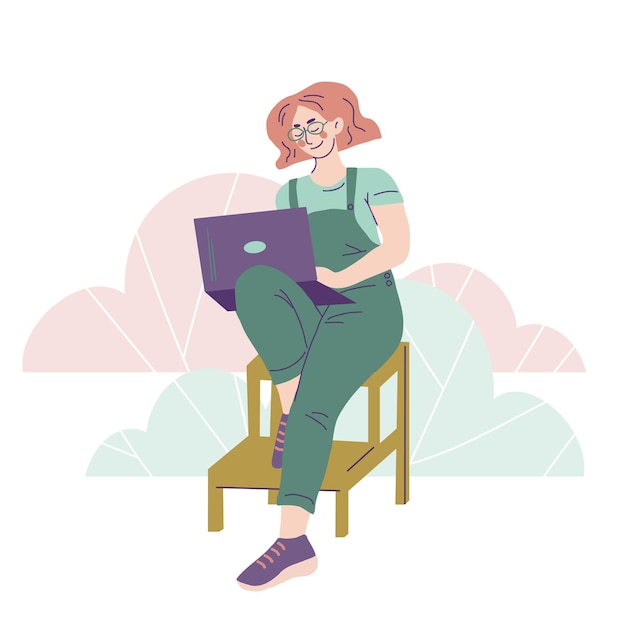 Female character working on a laptop Home office or small online business concept Hand drawn vecto