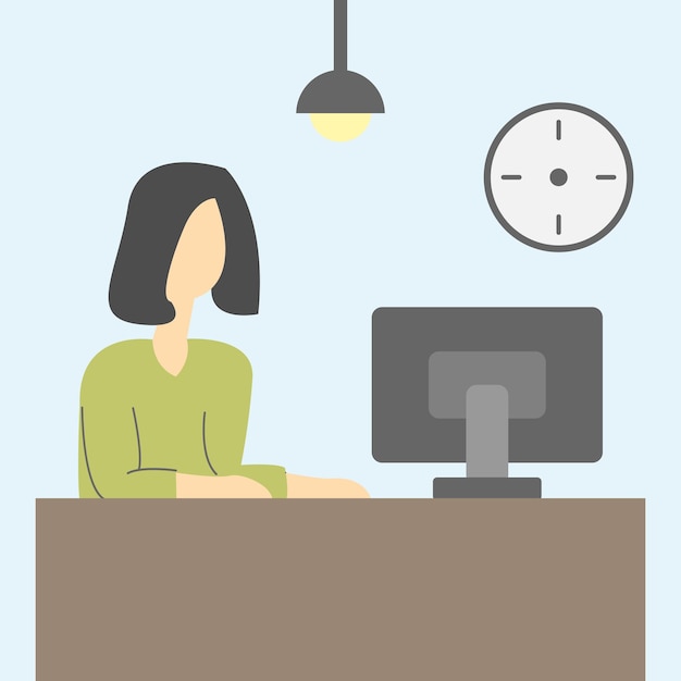 Female character working in the office in flat cartoon style