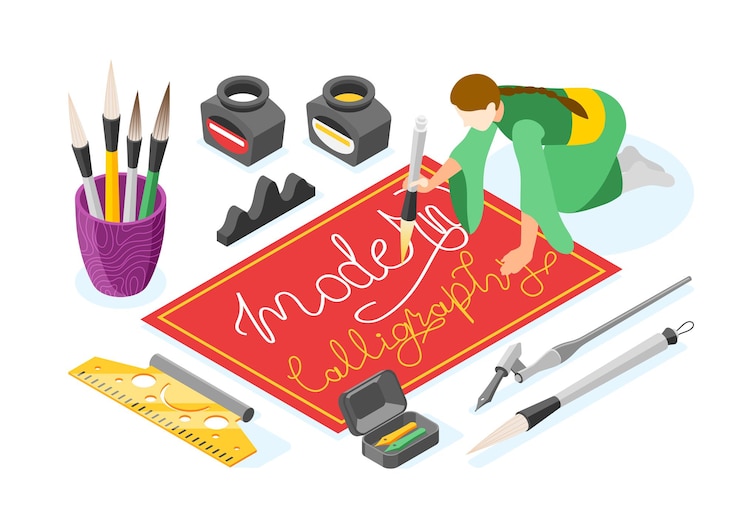 Vector female character writing ornate text with dip pens ruler and inkwell