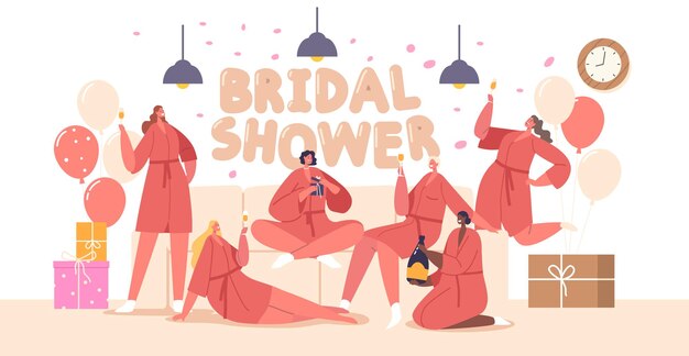 Vector female characters celebrate bridal shower celebratory event for the bridetobe filled with games gifts and well wishes from friends to prepare her for marriage cartoon people vector illustration