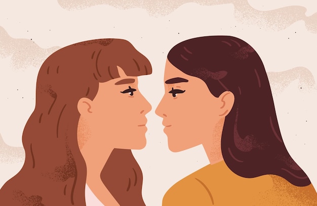 お互いを見つめている女性キャラクター。恋にレズビアンカップルの肖像画。女性の優しさと情熱の概念。フラットベクトル漫画イラストのLGBTのロマンチックな関係。