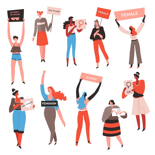 Female characters with signboards and slogans protesting, isolates women protesting. protesters standing for equality of rights for genders. sisterhood activity, motivated ladies vector in flat