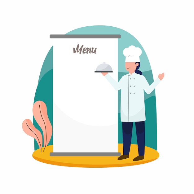 female chef character with empty menu