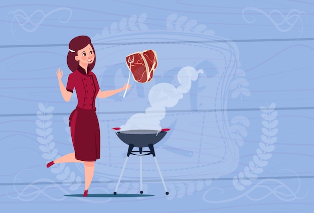 Female chef cook grilling meat cartoon chief in restaurant uniform over wooden textured background