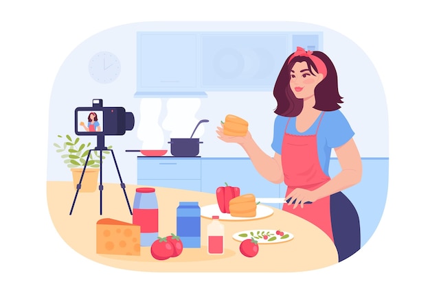 Vettore chef femminile che filma video di cucina o vlog in cucina