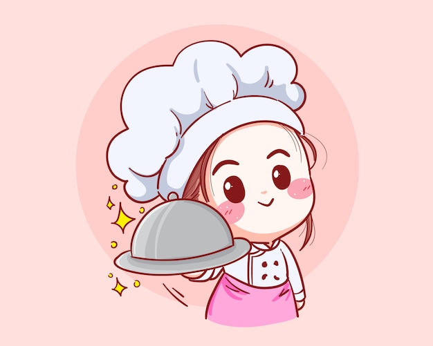 Женщина-повар в фартуке, в шляпе, с серебряным куполом