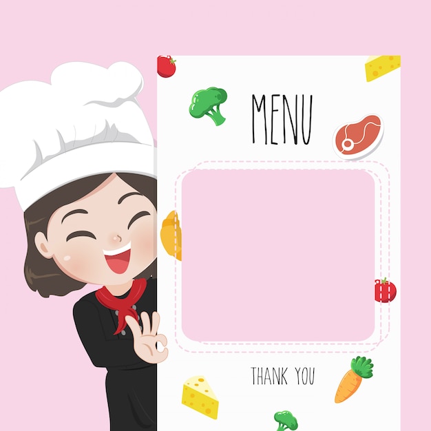 Vector female chef recommends food menu,