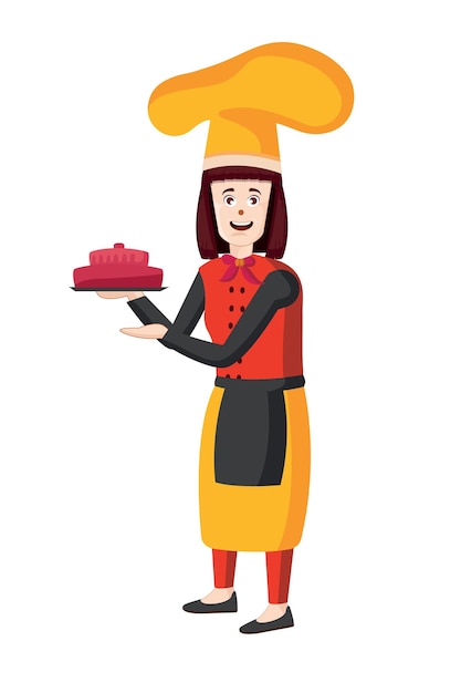 Female chef vector illustration Woman cook in apron standing with cake