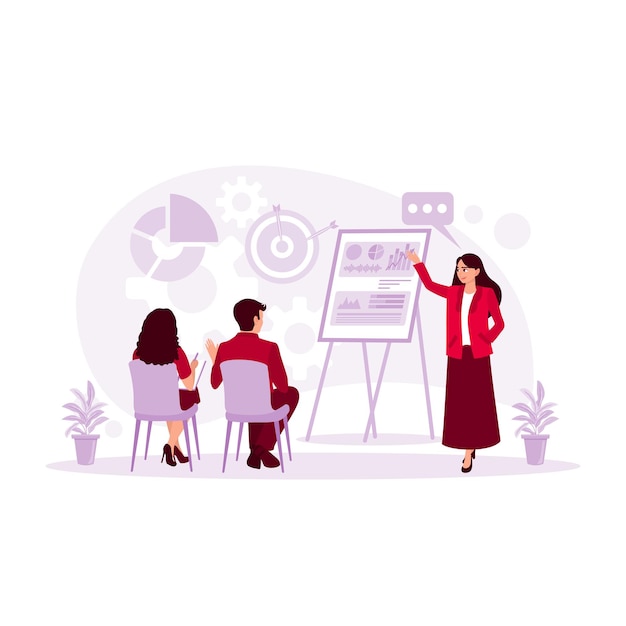Female chief analyst holding a meeting with a team of economists Analyze growth graphs data and statistics on board Presentation concept trend modern vector flat illustration