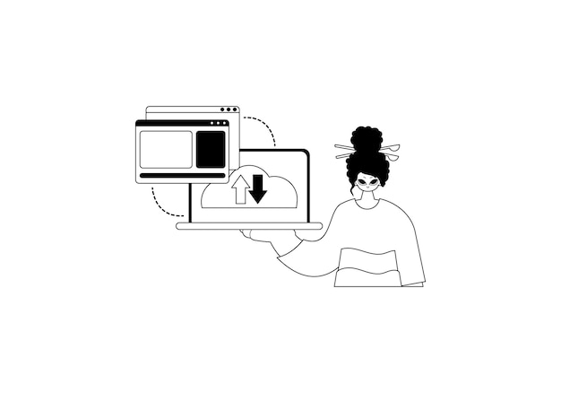 Vector the female child with the browser that synchronizes the datum cloud repositing beginning black and white ancestry artwork trendy style vector illustration