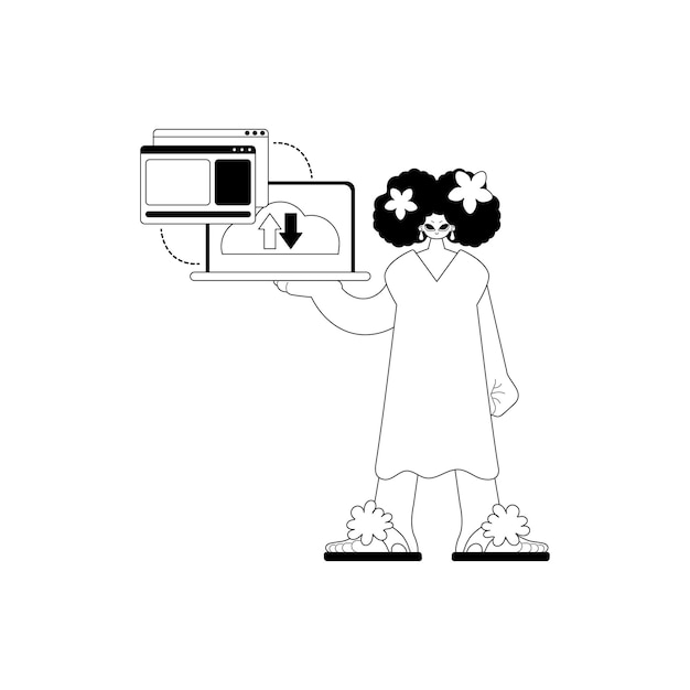 データムを同期するブラウザを持つ女性の子供クラウド リポジティング開始黒と白の祖先アートワーク トレンディなスタイルのベクトル図