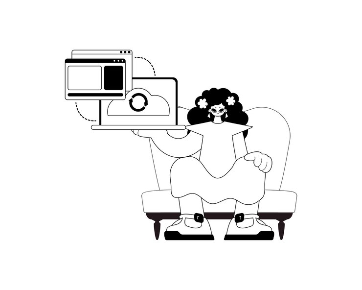 Vector the female child with the browser that synchronizes the datum cloud repositing beginning char and white ancestry artwork trendy style vector illustration