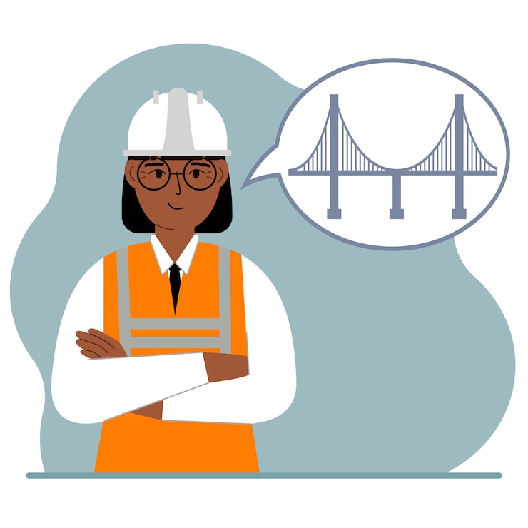 Vector a female civil engineer makes plans in her mind for designing a bridge in an air bubble the concept of civil engineering and construction