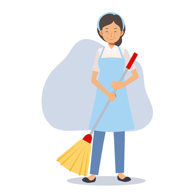 Женщина-уборщица чистит плоскую векторную иллюстрацию персонажа мультфильма