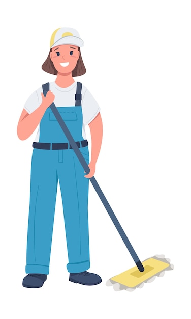 女性の清掃サービスワーカーセミフラットカラーベクトルキャラクター白い上の全身の人職場での男女平等ウェブグラフィックデザインとアニメーションのためのシンプルな漫画スタイルのイラスト