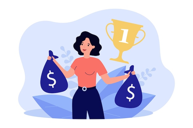 Vector female competition winner holding bags of money. woman getting first place, gold cup with number one flat vector illustration. wealth, success, achievement concept for website design or landing page