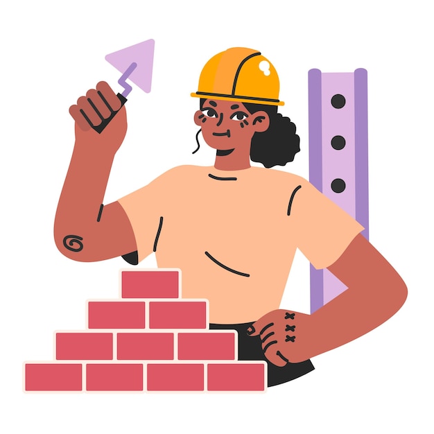 Вектор Женщина-строитель черная женщина в униформе строит стену