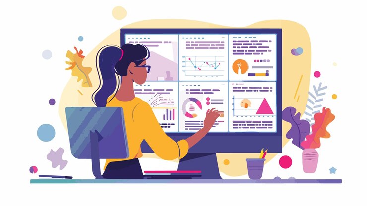 Vector female content manager working as freelance entrepreneur in design