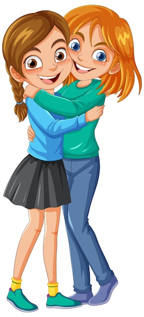 Vector female couple hugging cartoon character