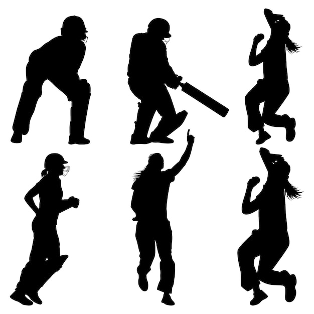 Игрок женского пола в крикет делает ставки на силуэты боулинга. Векторные иллюстрации