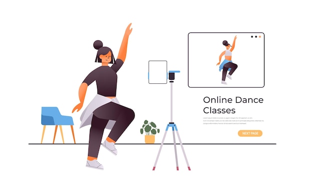 Female dancer doing dancing exercises while watching online video training program with dance teacher workout concept