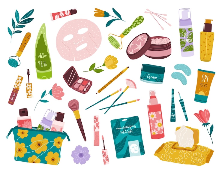 Vector female decorative beauty products cosmetics and makeup in bottles tubes jars and dispensers