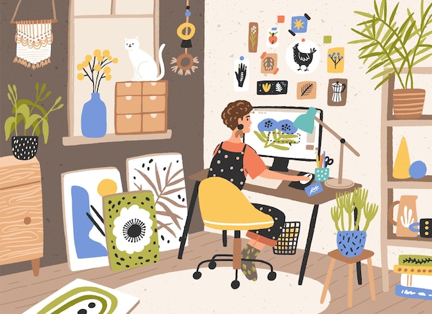 Female designer, illustrator or freelance worker sitting at desk and work on computer at home