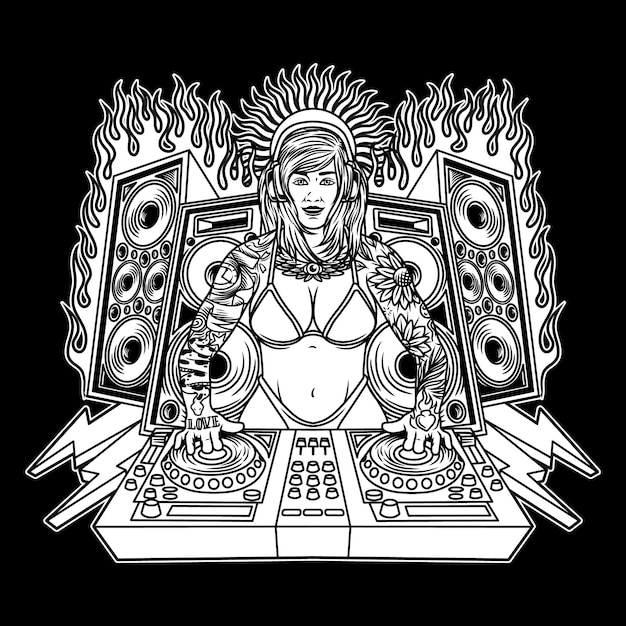 female disc jockey with super large speaker stand Black and White illustration