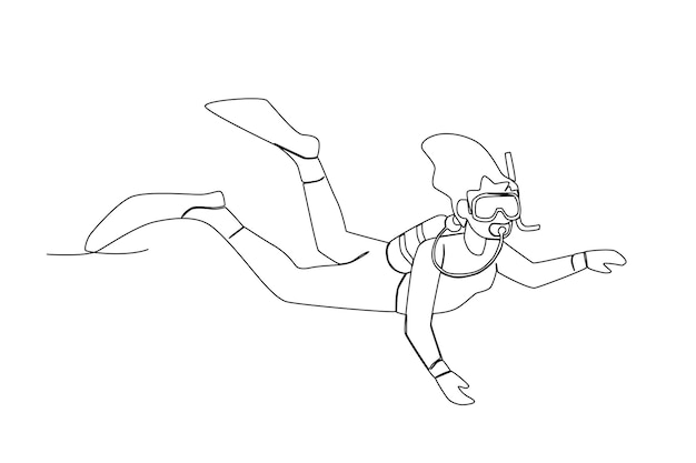 A female diver diving in the blue ocean one line art